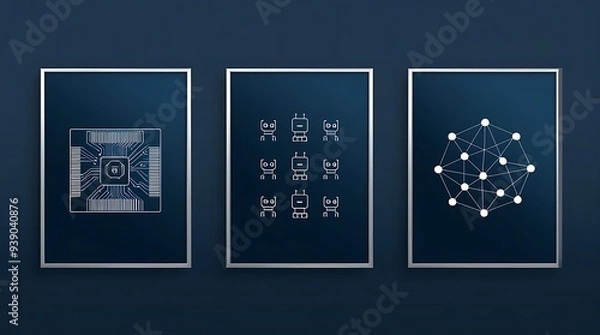 Fototapeta Three frames showcasing circuit board, robots, and connected dots. Suitable for technology, robotics, innovation presentations, and futuristic designs.