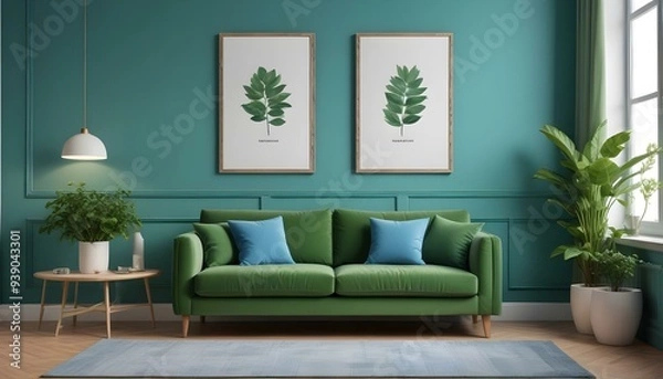 Obraz Interior mockup In a white room a blue sofa is placed next to a photo frame on the wall