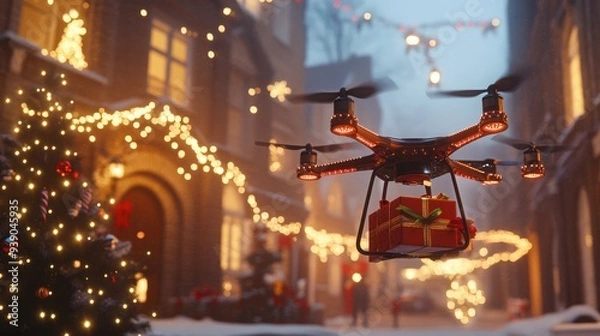 Obraz Drone Delivering Christmas Gift in a Snowy Town