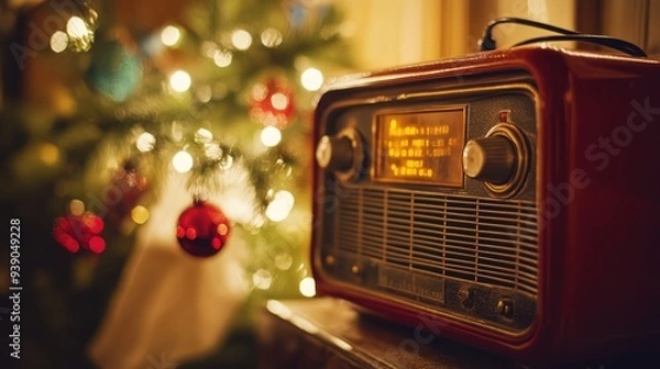 Obraz Vintage Radio by a Christmas Tree