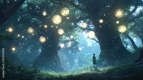 Fototapeta A mystical anime forest with towering trees, glowing orbs of light floating through the air,
