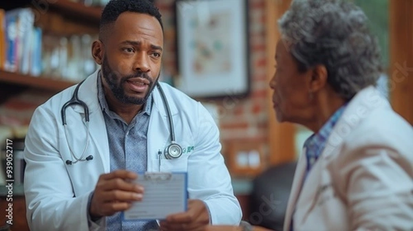 Obraz hyper realistic photograph of an African-American Doctor holding a prescription with an older African female patient sitting and looking at the camera, AI Generative