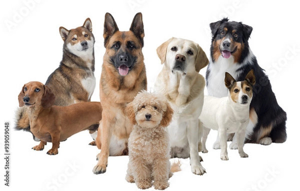 Fototapeta Group of different dogs looking at camera