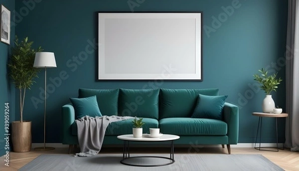 Fototapeta Interior mockup In a white room a blue sofa is placed next to a photo frame on the wall