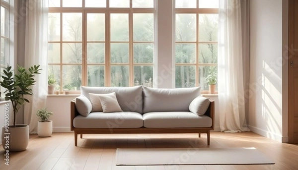 Obraz Interior mockup In a white room a blue sofa is placed next to a photo frame on the wall