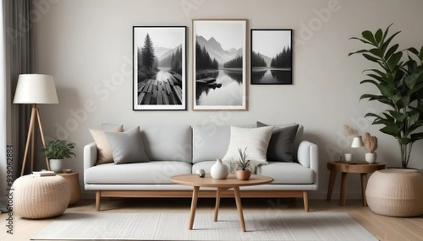 Obraz Interior mockup In a white room a blue sofa is placed next to a photo frame on the wall