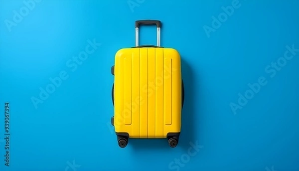 Fototapeta Yellow suitcase on a blue background. Travel and vacation concept in triples. Flat lay, top view
