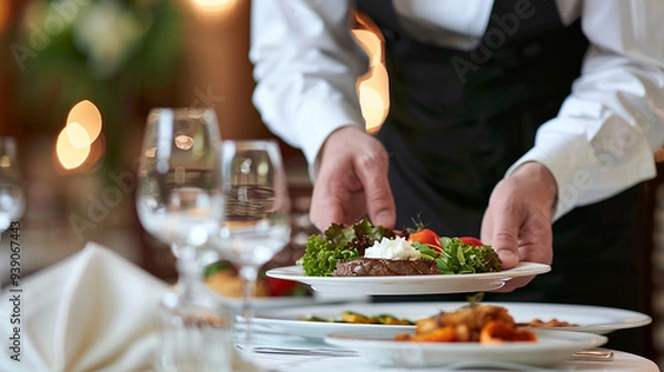 Fototapeta A close-up of a waiter's hands setting a plate of food on a table