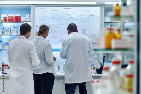 Fototapeta Pharmaceutical company office with executives discussing drug development.