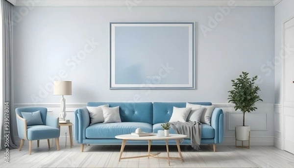 Fototapeta Interior mockup In a white room a blue sofa is placed next to a photo frame on the wall