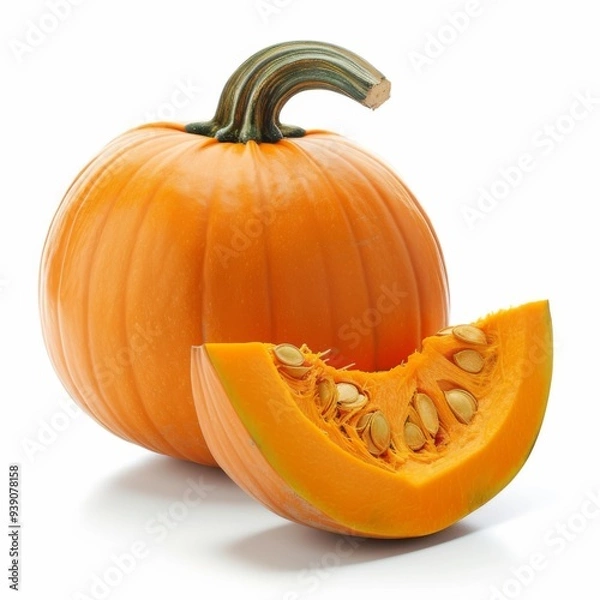 Fototapeta Whole orange pumpkin and slice of pumpkin isolated on white background. Clipping Path. Full Depth of field. Focus stacking