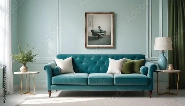 Fototapeta Interior mockup In a white room a blue sofa is placed next to a photo frame on the wall