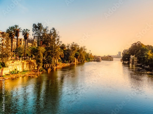 Fototapeta A view for the river Nile in the golden hour taken from El Manial district of Cairo, located on Rhoda Island in the Nile.