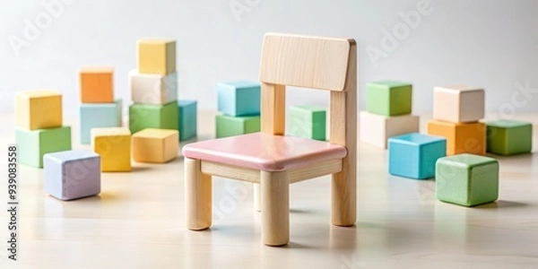 Fototapeta whimsical vibrant wooden toy blocks surround a miniature Scandinavian-style chair isolated on a soft focus white background with subtle warm shadows and pastel hues