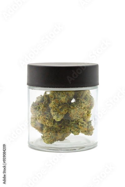 Obraz Cannabis flower buds in glass jar science on white isolated background. Dried marijuana  buds in glass on white background.