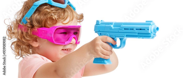Fototapeta Child engaged in laser tag action, vibrant colors, dynamic pose, playful atmosphere, suitable for promotional material, clear space for text, isolated on white background.
