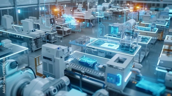 Obraz modern manufacturing shopfloor, holographic overlays symbolizing data flows between different manufacturing equipment, AI Generative