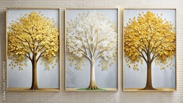 Obraz set of three vertical poster, minimalist golden tree in white hues 