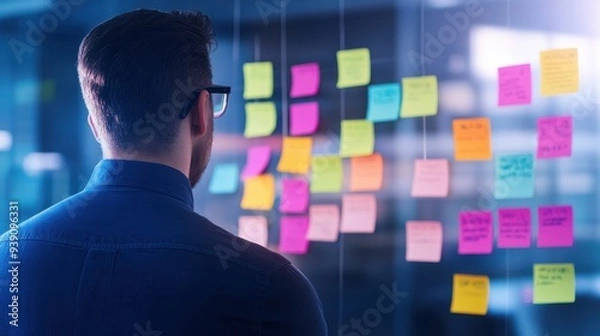 Obraz Man in office brainstorming ideas with colorful sticky notes on a glass wall, focusing on project planning strategy.