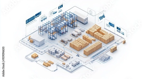 Fototapeta Isometric illustration of a modern warehouse with organized storage racks, pallets, and logistics operations