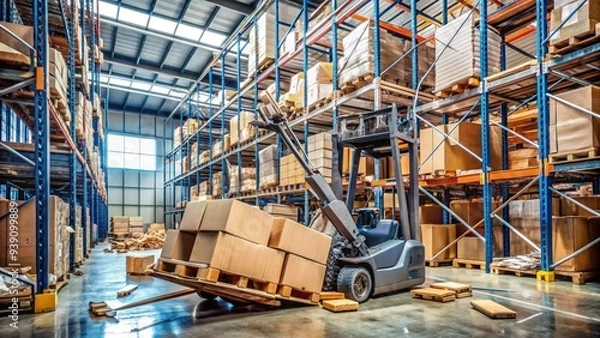 Fototapeta Damaged warehouse shelves and scattered boxes surround a tipped-over forklift, its tangled forks and bent mast a testament to a potentially hazardous industrial incident.