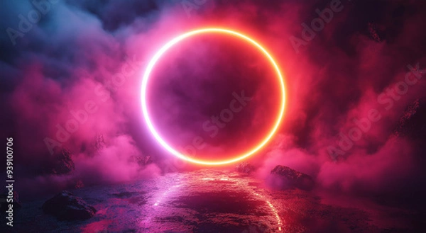 Fototapeta A circular neon light on a dark background with smoke