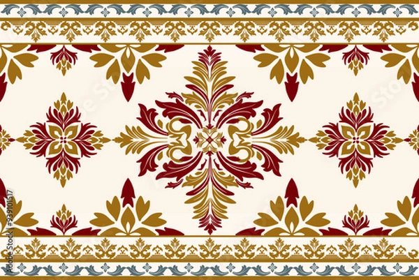 Fototapeta Classic Damask gold navy blue and red color Seamless Pattern on a pearl color background.
