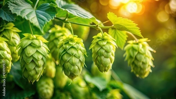 Fototapeta Delicate, pale green hops cones contrast against a soft, blurred natural background, creating a serene atmosphere perfect for beer enthusiasts and nature lovers alike.