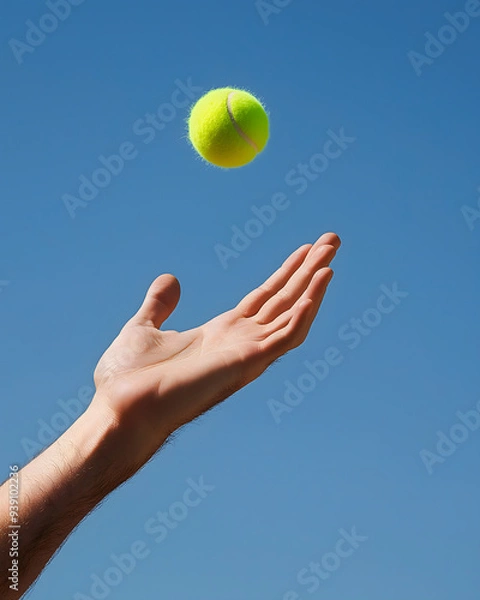 Fototapeta Close-Up of a Hand Tossing a Tennis Ball into the Air, Capturing the Motion and Focus on the Tennis Ball Against a Soft Background
