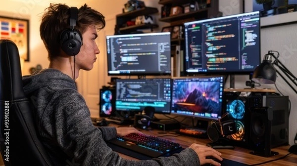 Fototapeta A young adult coding on a computer with multiple monitors in a tech setup