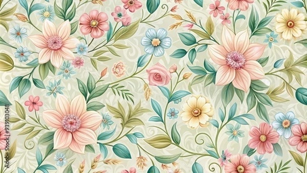 Fototapeta Delicate pastel flowers and leaves swirl together in a whimsical, vintage-inspired floral pattern, perfect for adding a touch of elegance to any design or project.
