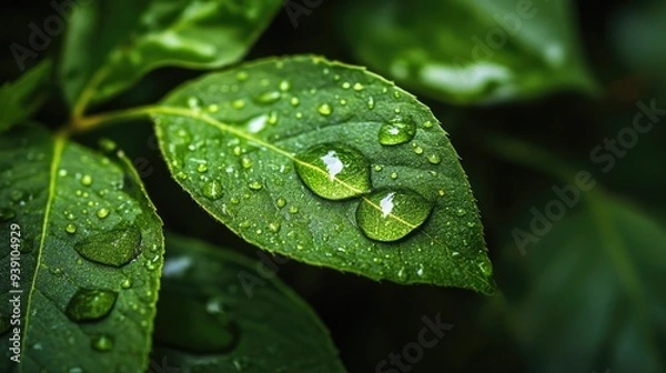 Fototapeta Single water drop on a fresh green leaf background, capturing the purity and freshness of nature.