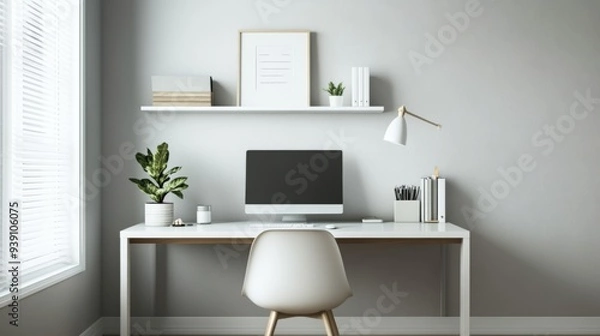 Fototapeta Detailed shot of a minimalist home office with a tidy desk, minimalistic decor, and a modern chair