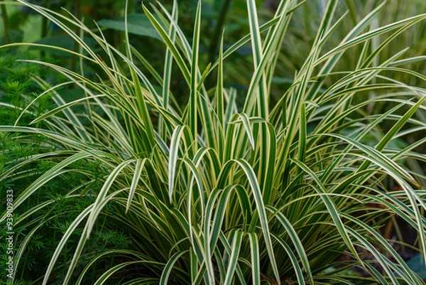 Fototapeta Garden decorated plant names Carex Morrowii , also known as Japanese Variegated Sedge Grass and Carex Ice Dance, is an evergreen sedge with sharp, long, green leaves with white edges