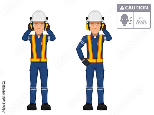 Fototapeta Two industrial workers are closing his ears on white background