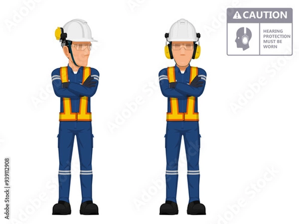 Fototapeta Two industrial workers  with earmuffs on white background