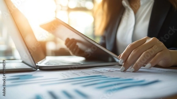 Fototapeta Closeup of a businesswoman or accountant using a digital tablet and laptop at work analyzing business reports graphs and financial charts focusing on financial and investment concepts