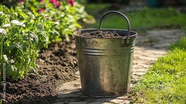 Obraz Shiny Iron Bucket with Freshly Dug Earth on Garden Path Near Flower Bed