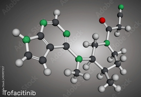Fototapeta Tofacitinib drug molecule. It is used to treat rheumatic arthritis RA, psoriatic arthritis PsA. Molecular model. 3D rendering.