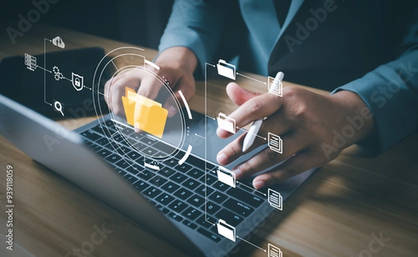 Fototapeta Document Management System (DMS), Businessman using digital documents to search, store, archive and manage and to reduce paper. Solution for paperless office. Digital business security process.