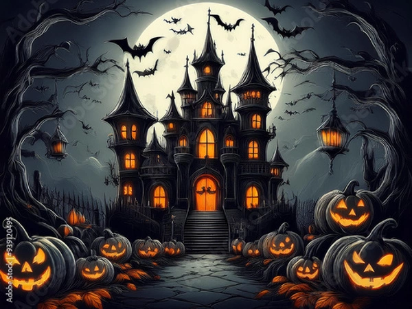 Fototapeta Halloween. Black scary castle with bats, pumpkins in the black forest