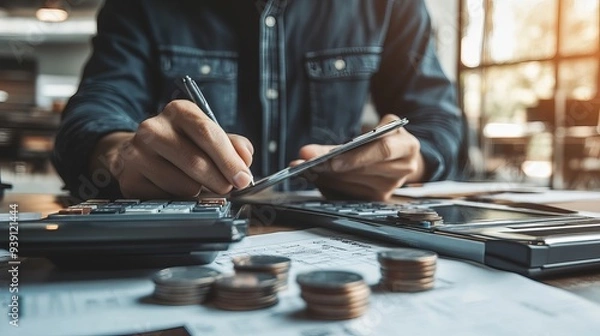 Fototapeta Tax deduction planning concept Businessman calculating financial balances and preparing for tax reductions