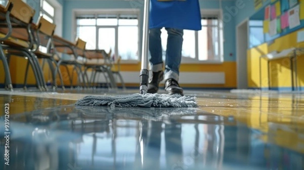 Obraz Person cleaning a school classroom, the person must be a cleaner, an adult, must have a blue apron, black shoes, AI Generative