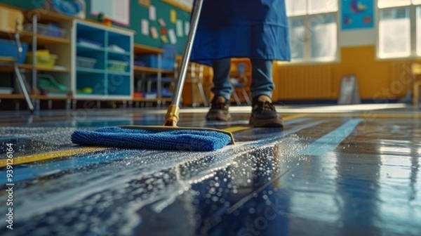 Obraz Person cleaning a school classroom, the person must be a cleaner, an adult, must have a blue apron, black shoes, AI Generative