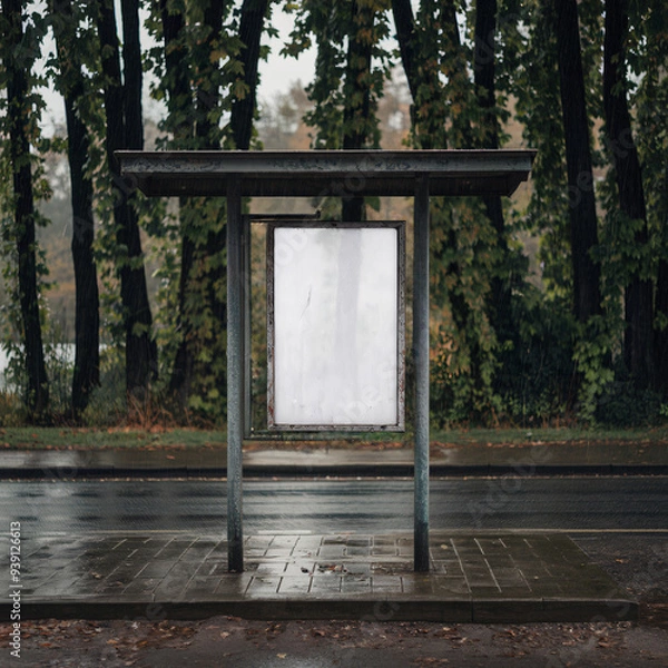 Fototapeta Deserted bus stop with a blank billboard. Ideal for creating melancholic or urban moods in your designs. Perfect for websites, social media, or print materials.