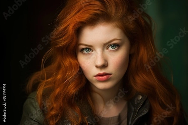 Obraz A woman with red hair and green eyes is standing in front of a green background