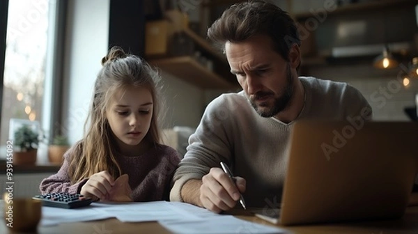 Fototapeta Young unhappy family paying utility bills online on laptop Stressed man sitting at table with documents and calculator filling in papers calculating domestic expenses together with his : Generative AI