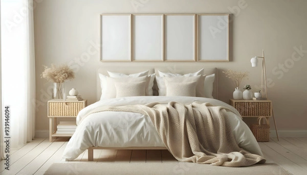 Fototapeta Mockup three frame in bedroom interior background, room in light pastel colors, 3d render