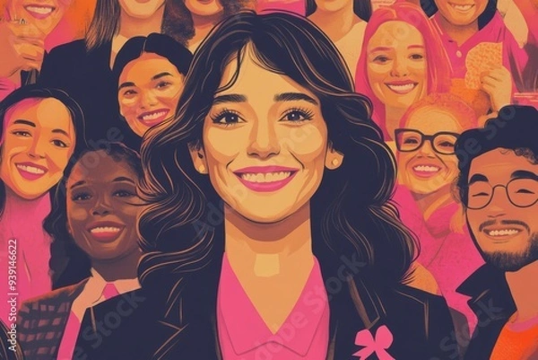 Fototapeta A smiling woman wearing a pink ribbon pin on her lapel, surrounded by loved ones and supporters Illustration --ar 3:2 --v 6.1 Job ID: 4d6cf6e7-4d9b-4773-8a98-b6e663ec175d