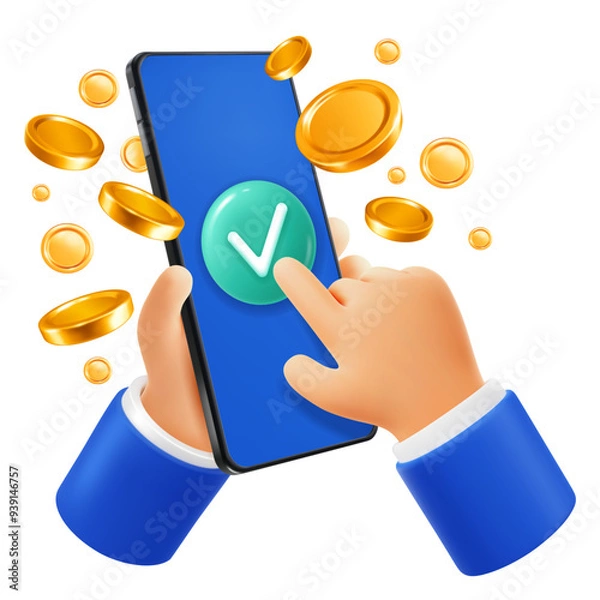 Obraz 3d Hand of businessman holding mobile phone and touch on green check mark, golden coins flies around. Online payment and transfer, Finance, investment, Cash back, Money saving. Vector illustration